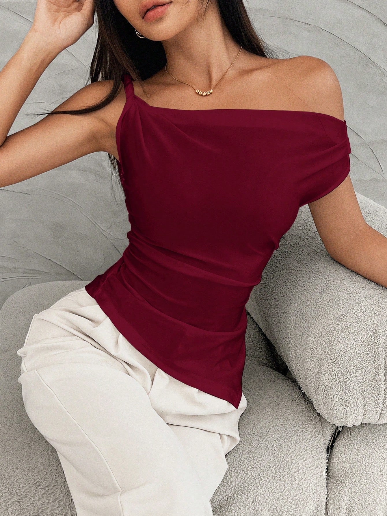 Women Asymmetrical Shoulder Ruched Uneven Hem Casual T-Shirt, Summer - Image 18
