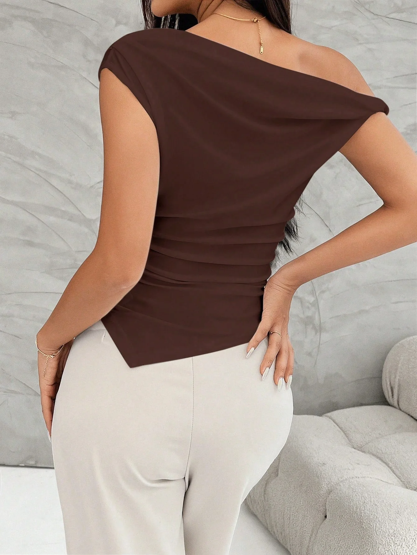 Women Asymmetrical Shoulder Ruched Uneven Hem Casual T-Shirt, Summer - Image 3