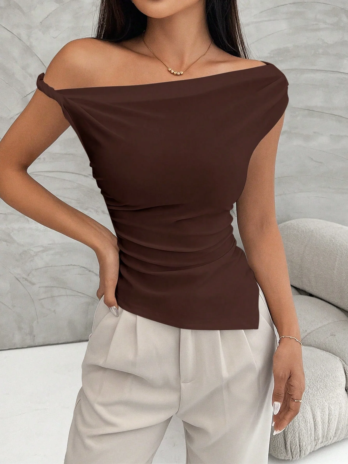 Women Asymmetrical Shoulder Ruched Uneven Hem Casual T-Shirt, Summer - Image 5