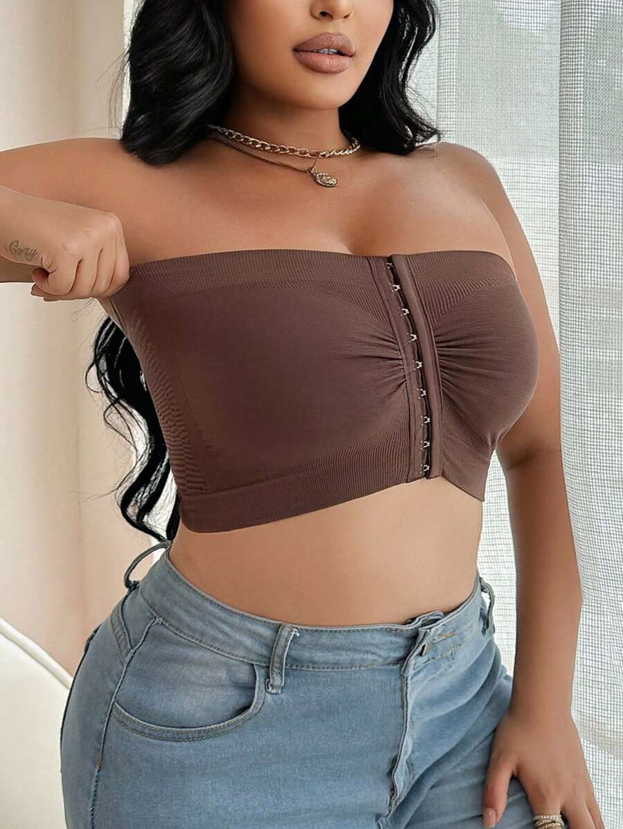 Women Comfortable Seamless Plus Size Front Closure Bandeau Bra , Black Top - Image 16