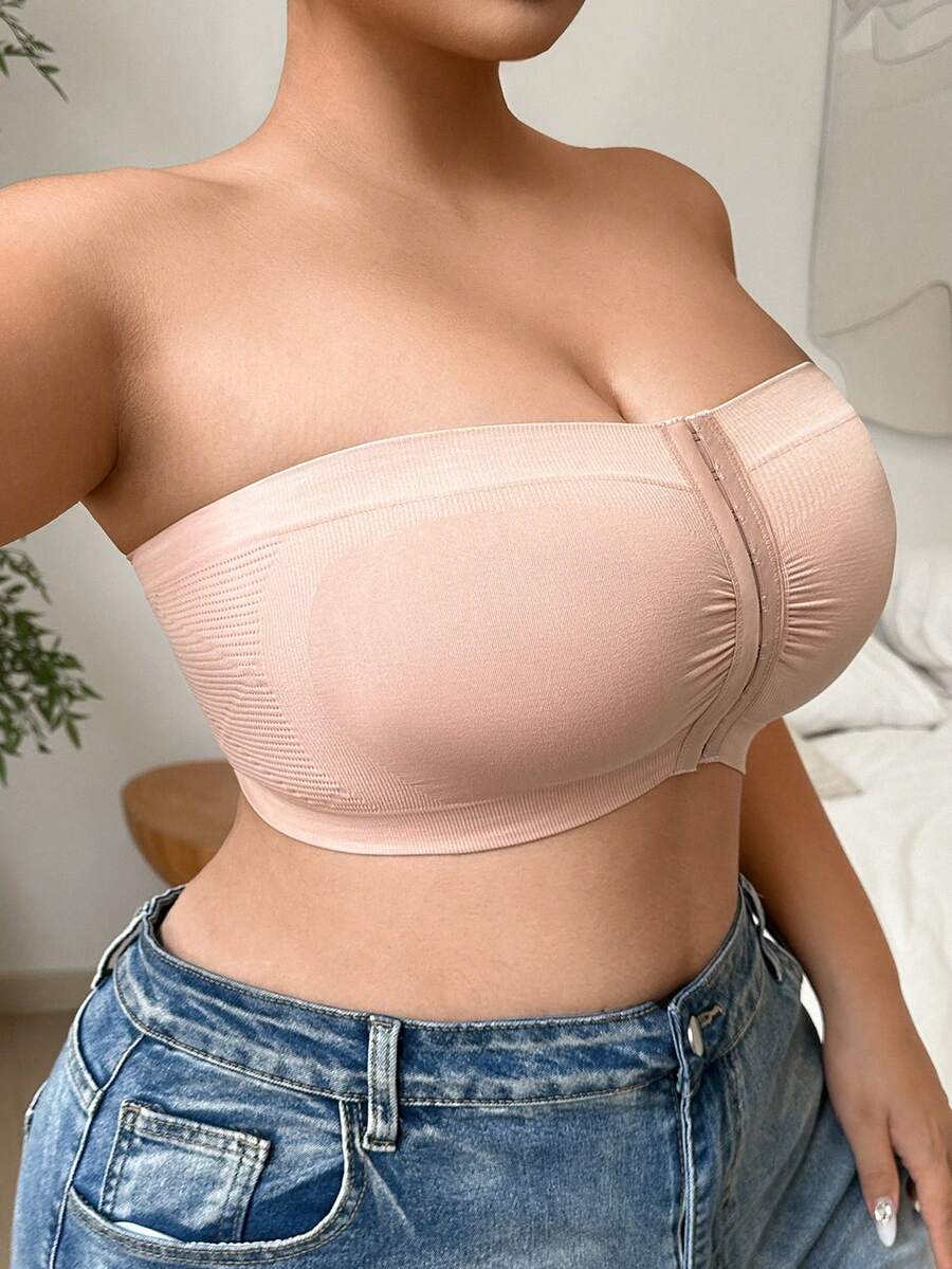 Women Comfortable Seamless Plus Size Front Closure Bandeau Bra , Black Top - Image 19