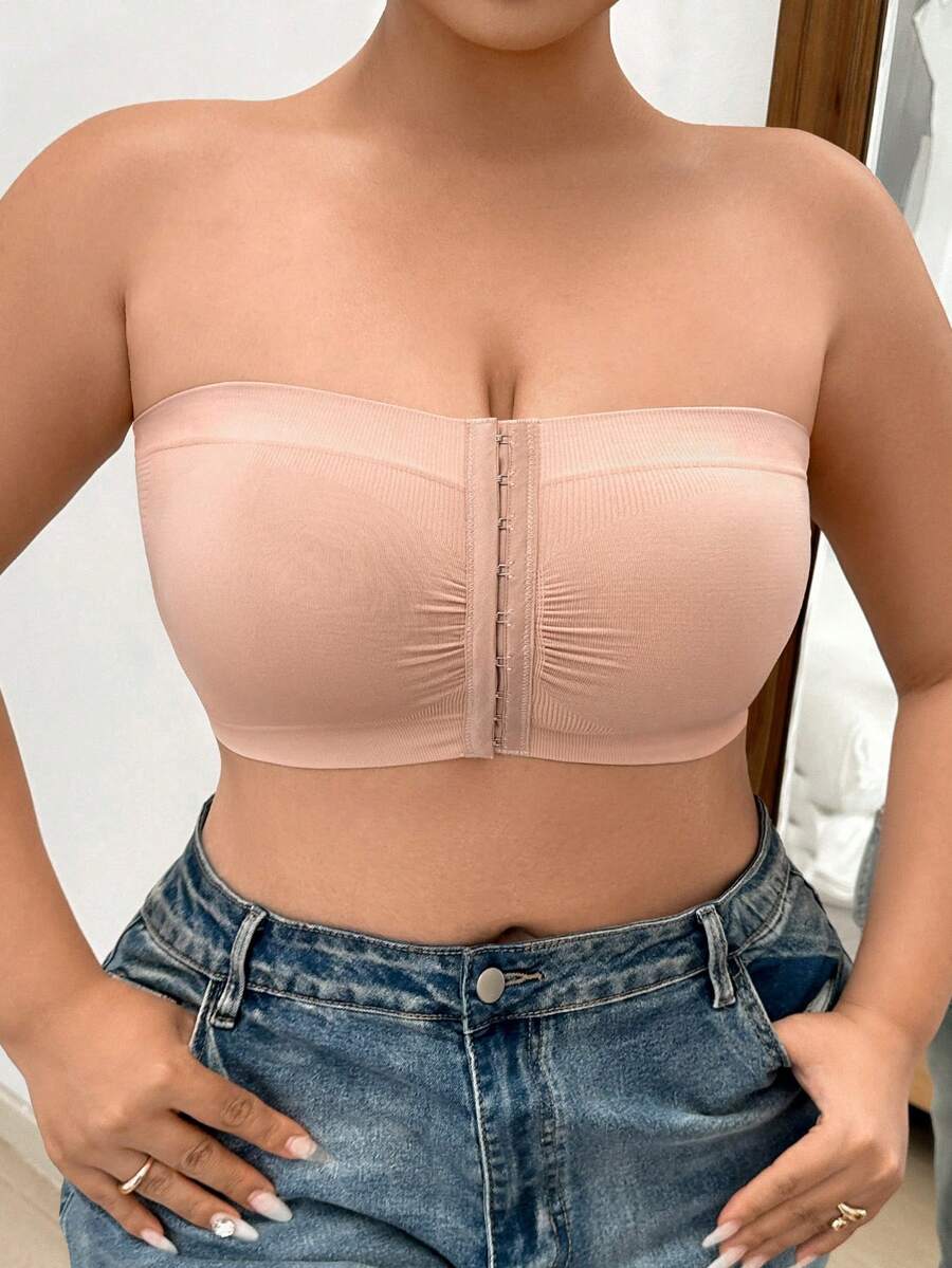Women Comfortable Seamless Plus Size Front Closure Bandeau Bra , Black Top - Image 20