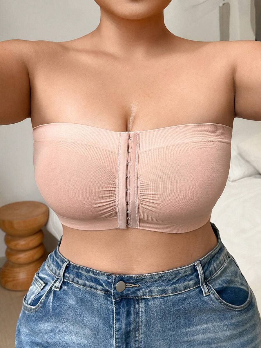 Women Comfortable Seamless Plus Size Front Closure Bandeau Bra , Black Top - Image 21