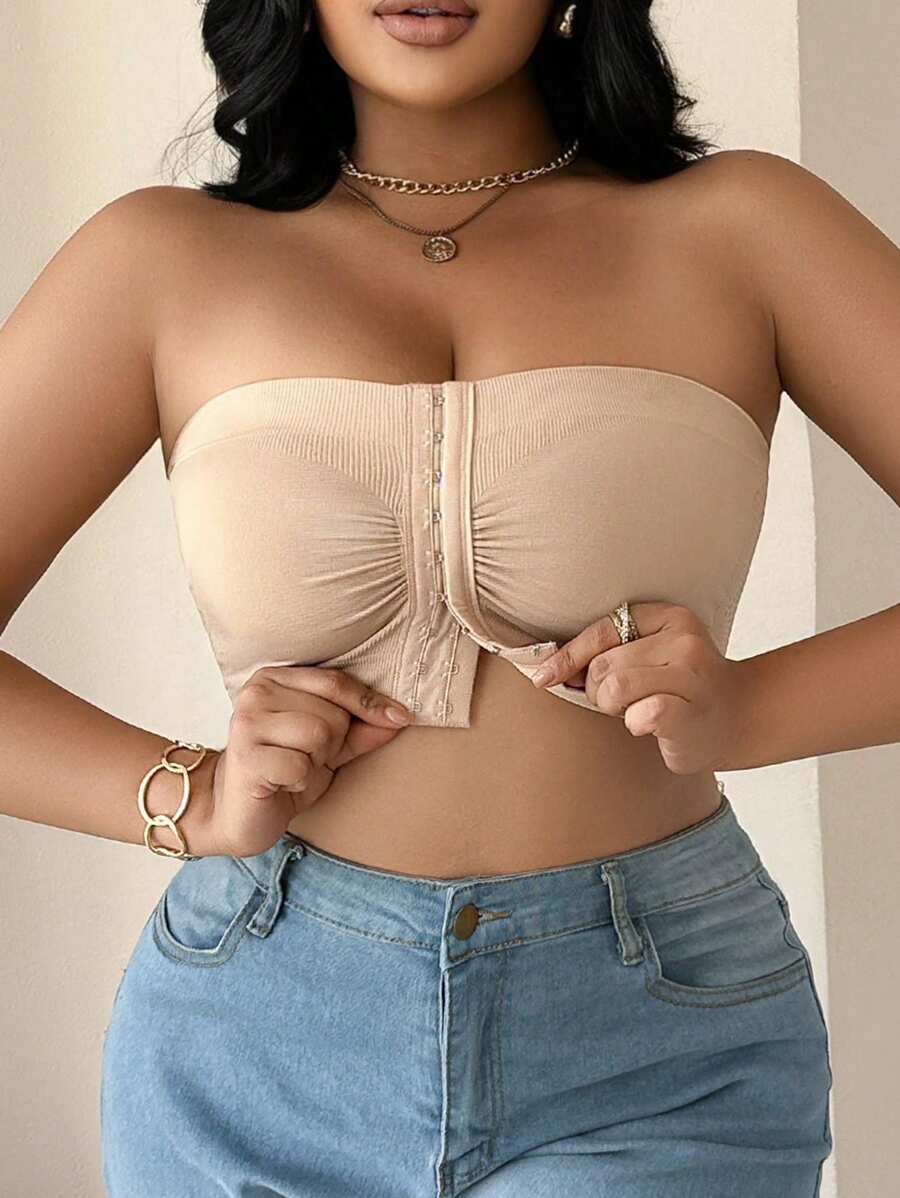 Women Comfortable Seamless Plus Size Front Closure Bandeau Bra , Black Top - Image 8