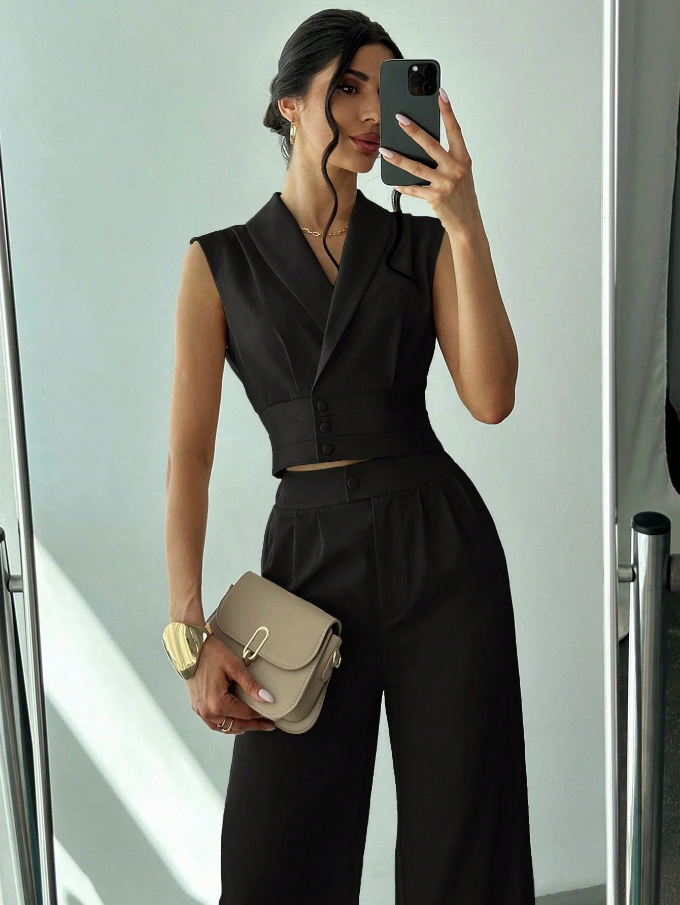 Women Commuter Elegant Collared Blouse + Straight-Leg Pants - Image 2
