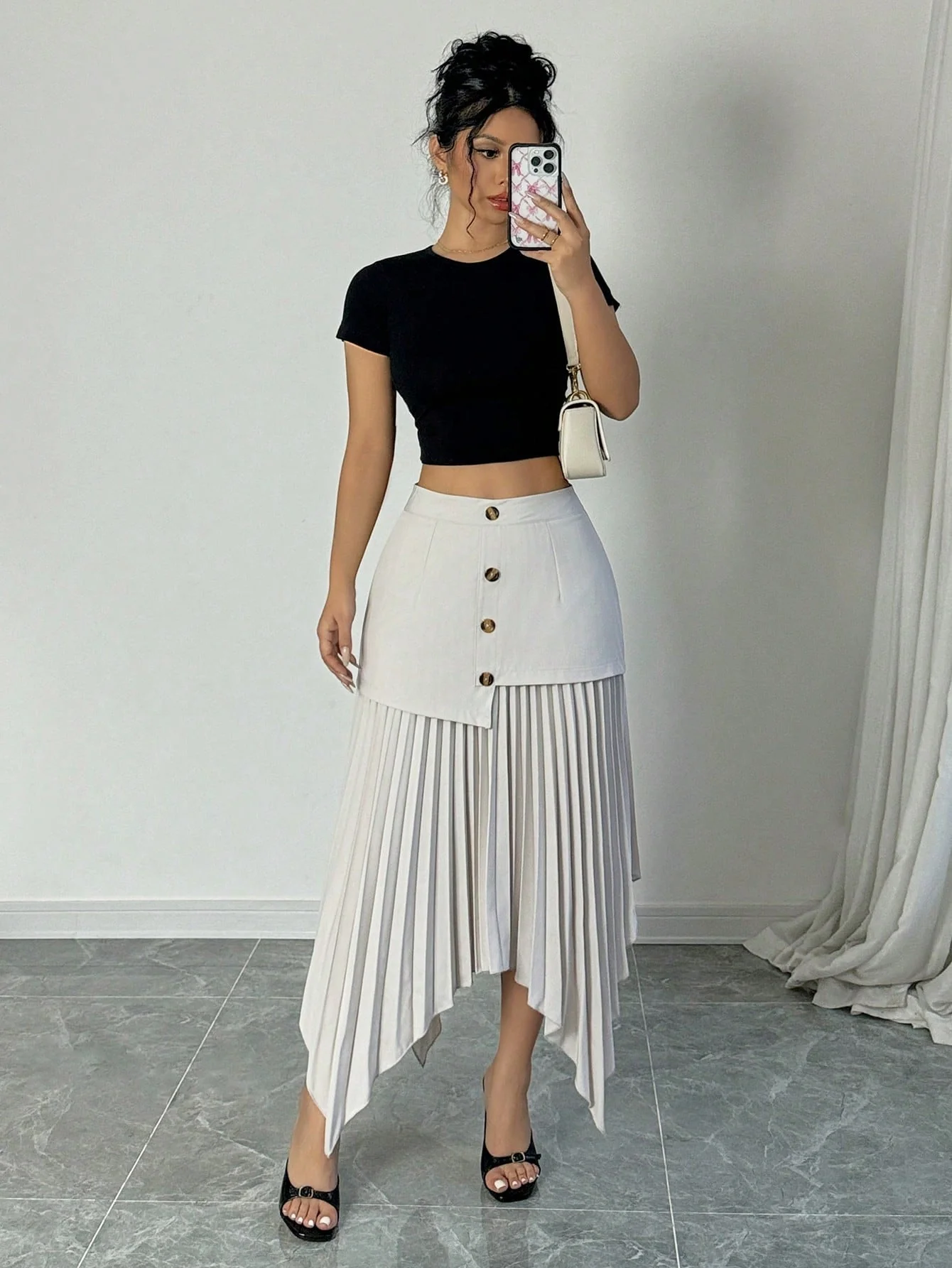 Women Contrast Color Pleated Asymmetric Asymmetrical Hem Elegant Romantic Skirt - Image 7