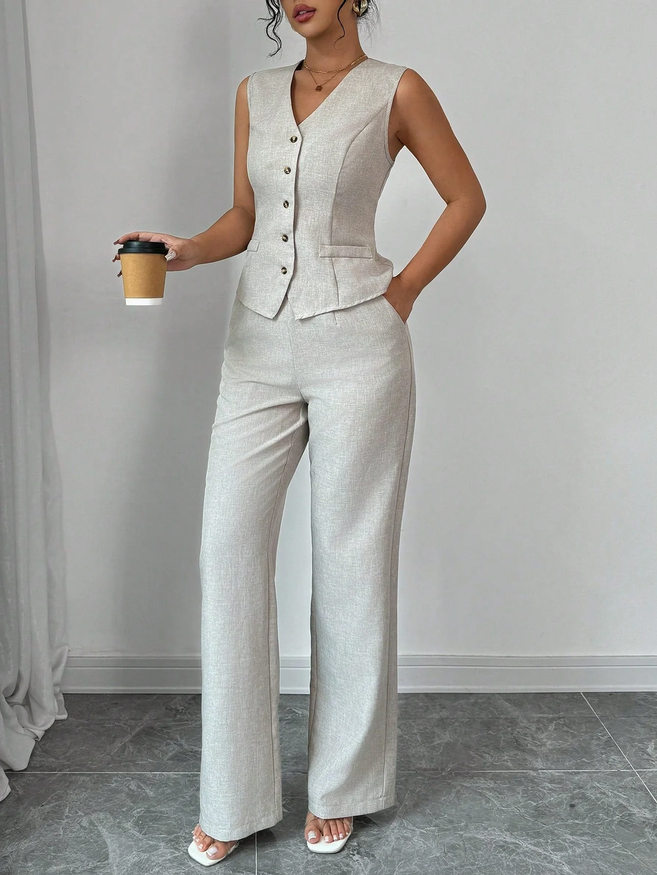 Women Elegant Chic Commuter Casual Sleeveless V-Neck Gathered Waist Back Tie Vest & Straight Leg Pants Suit Set - Image 5