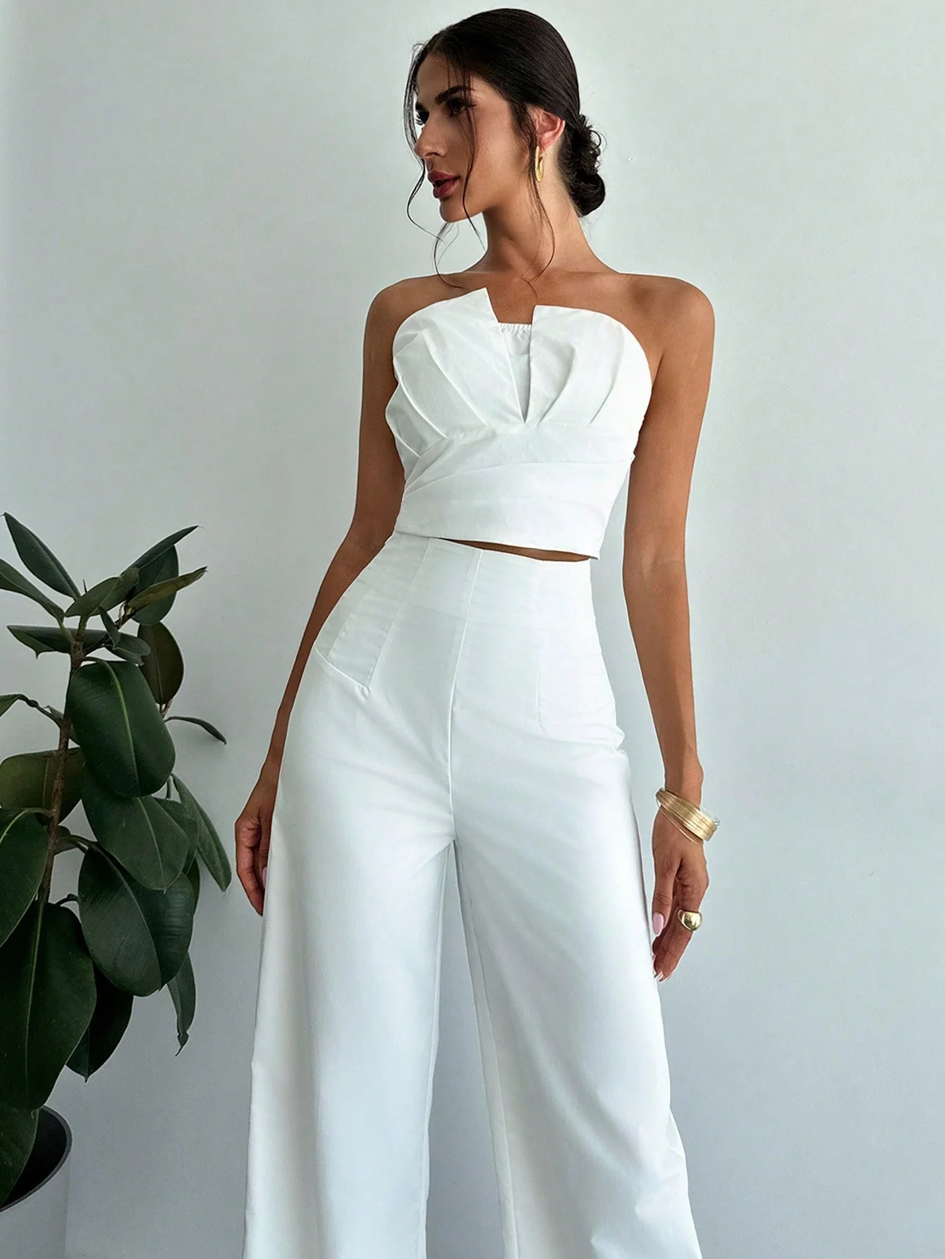 Women Elegant Design Asymmetrical Strapless Crop Tube Top & High Waisted Faux Boned Straight Pants Set, All White Two-Piece Outfit