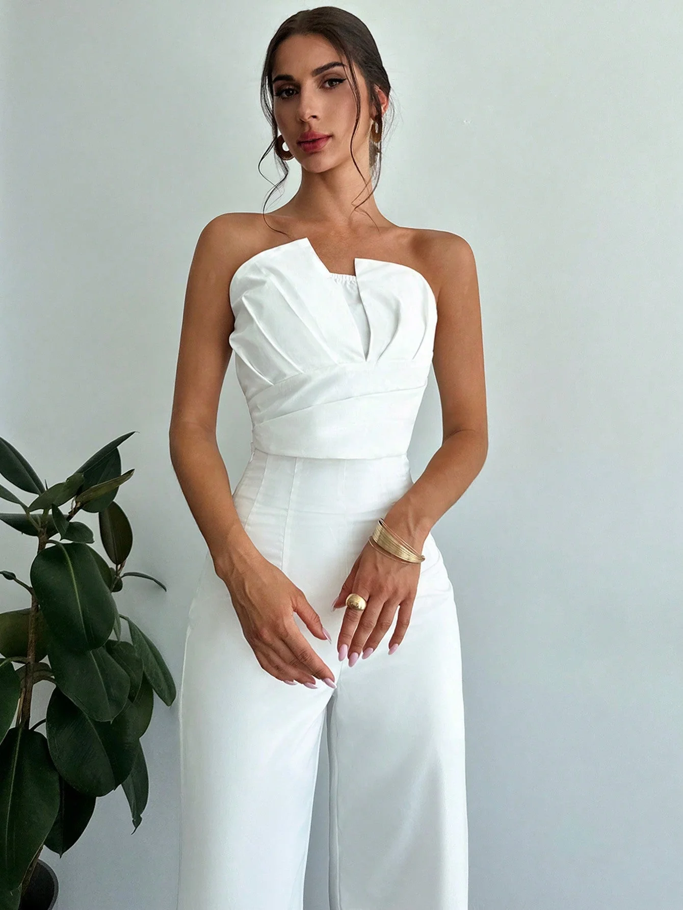 Women Elegant Design Asymmetrical Strapless Crop Tube Top & High Waisted Faux Boned Straight Pants Set, All White Two-Piece Outfit - Image 10