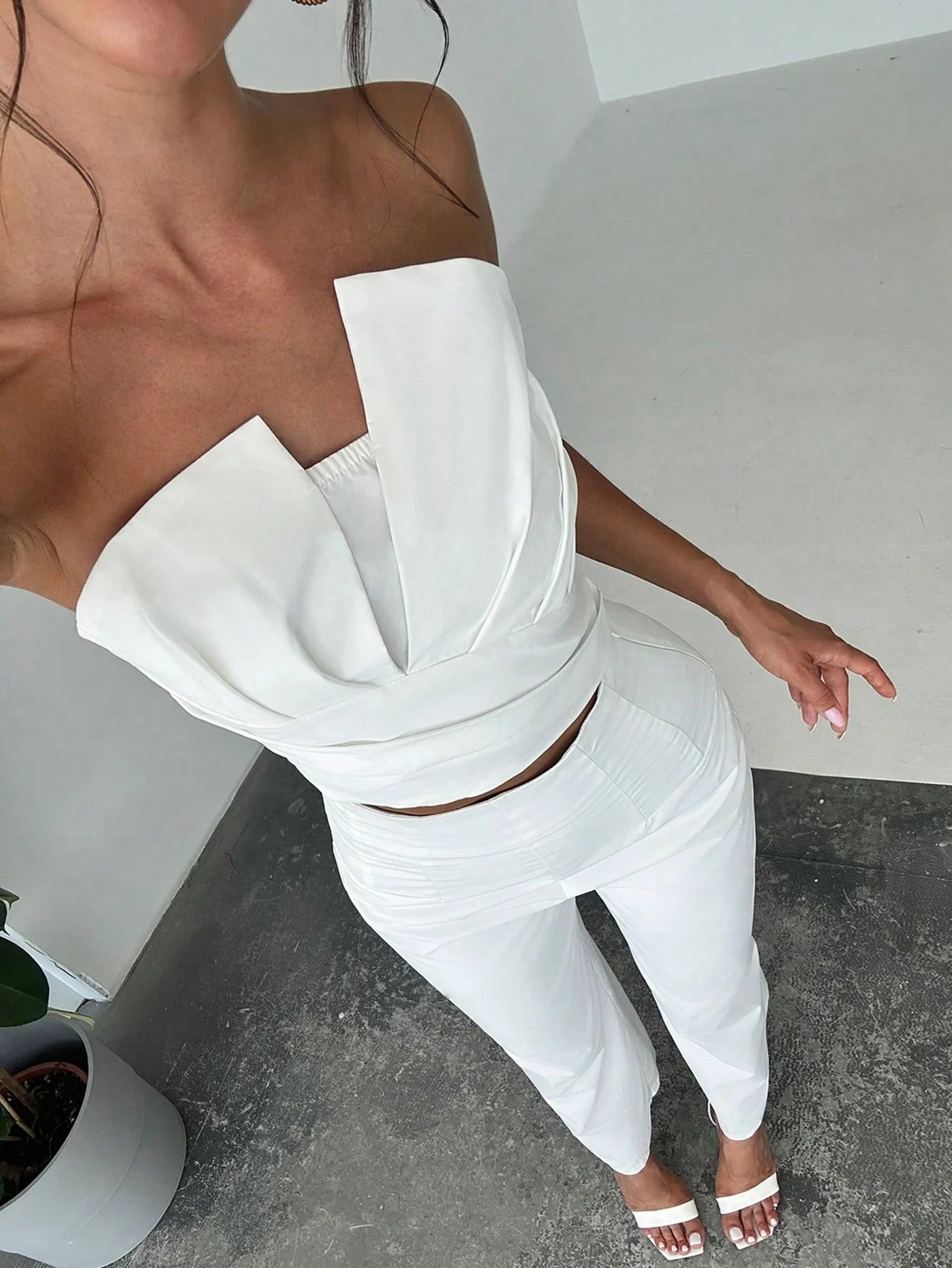 Women Elegant Design Asymmetrical Strapless Crop Tube Top & High Waisted Faux Boned Straight Pants Set, All White Two-Piece Outfit - Image 11