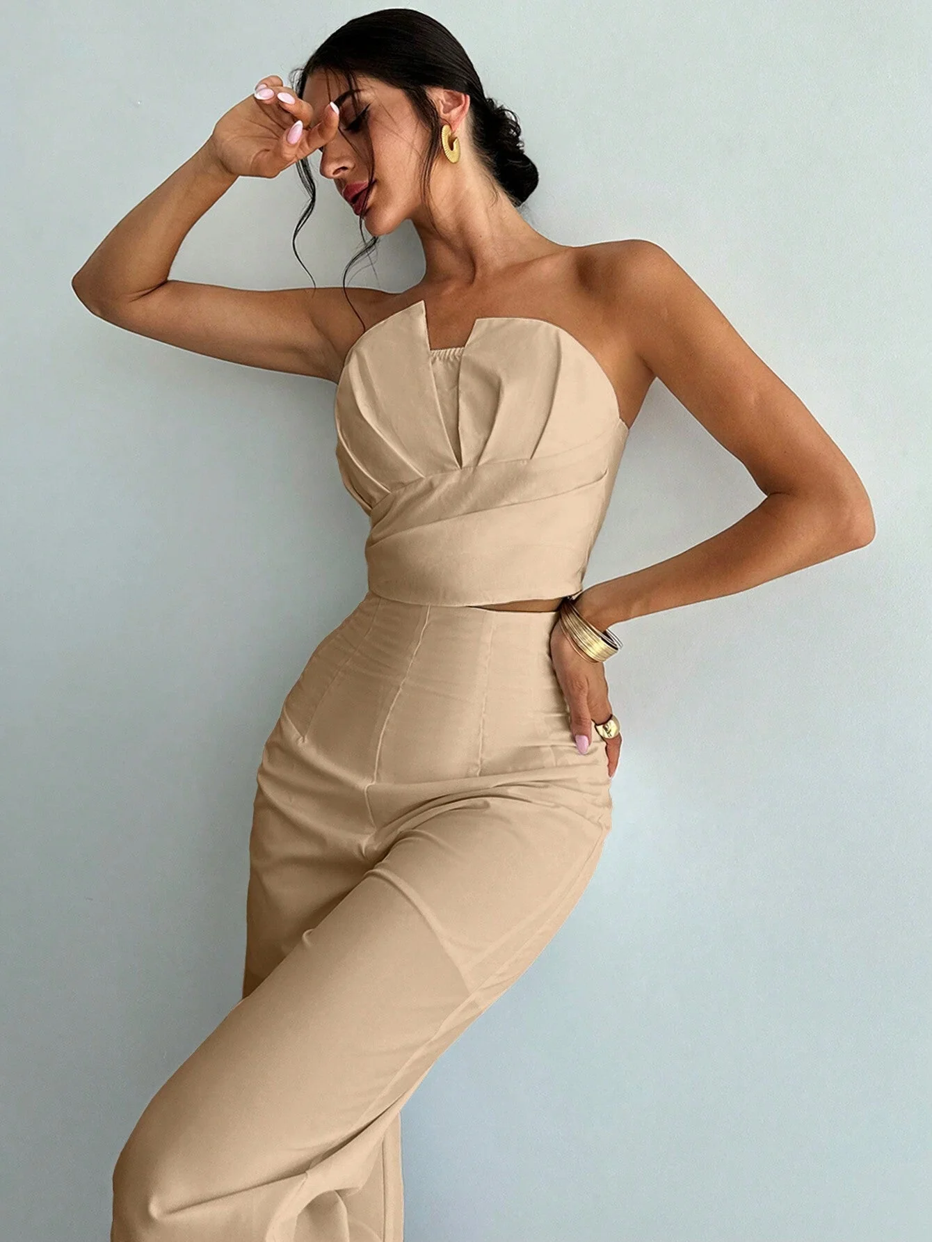 Women Elegant Design Asymmetrical Strapless Crop Tube Top & High Waisted Faux Boned Straight Pants Set, All White Two-Piece Outfit - Image 13