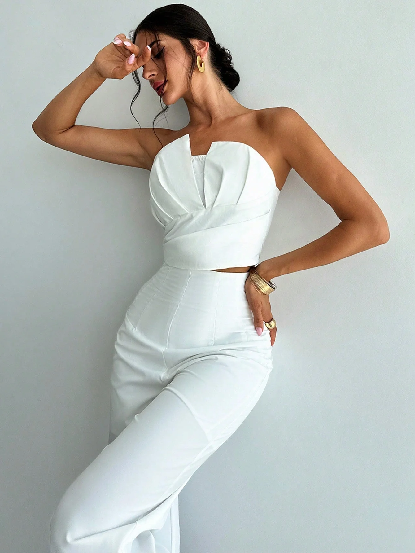 Women Elegant Design Asymmetrical Strapless Crop Tube Top & High Waisted Faux Boned Straight Pants Set, All White Two-Piece Outfit - Image 6