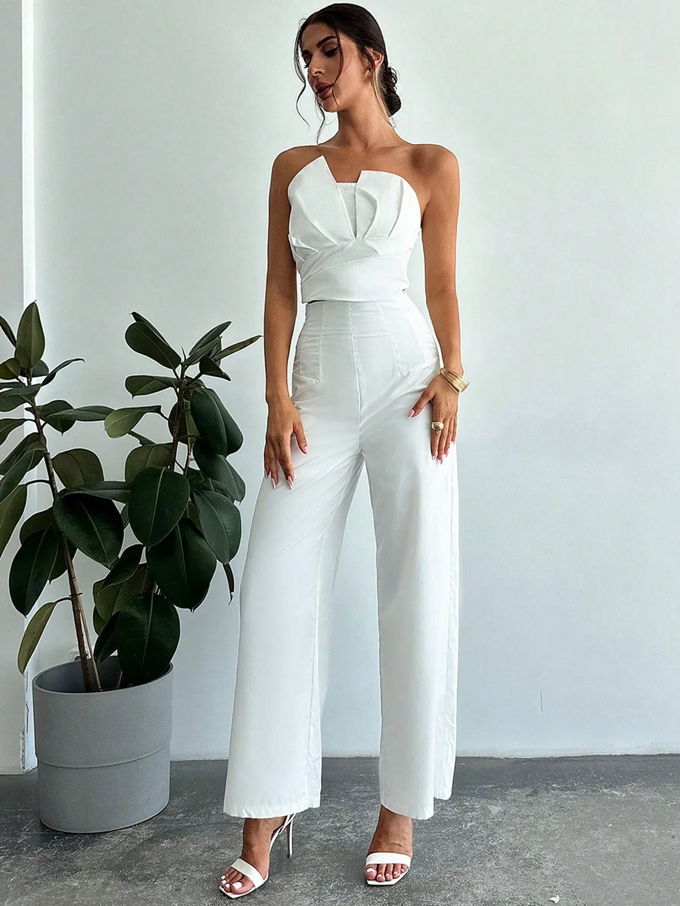 Women Elegant Design Asymmetrical Strapless Crop Tube Top & High Waisted Faux Boned Straight Pants Set, All White Two-Piece Outfit - Image 8
