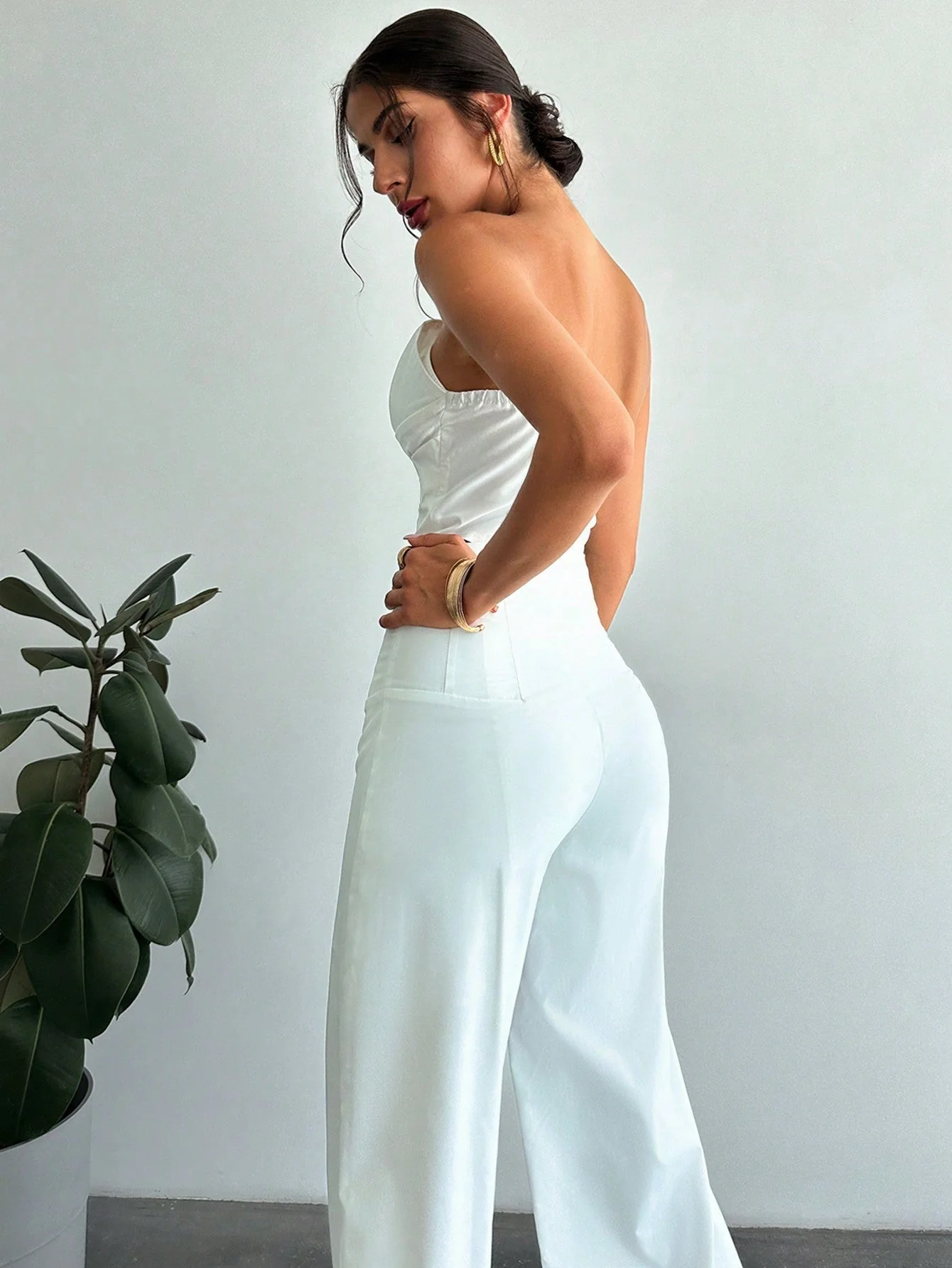 Women Elegant Design Asymmetrical Strapless Crop Tube Top & High Waisted Faux Boned Straight Pants Set, All White Two-Piece Outfit - Image 9