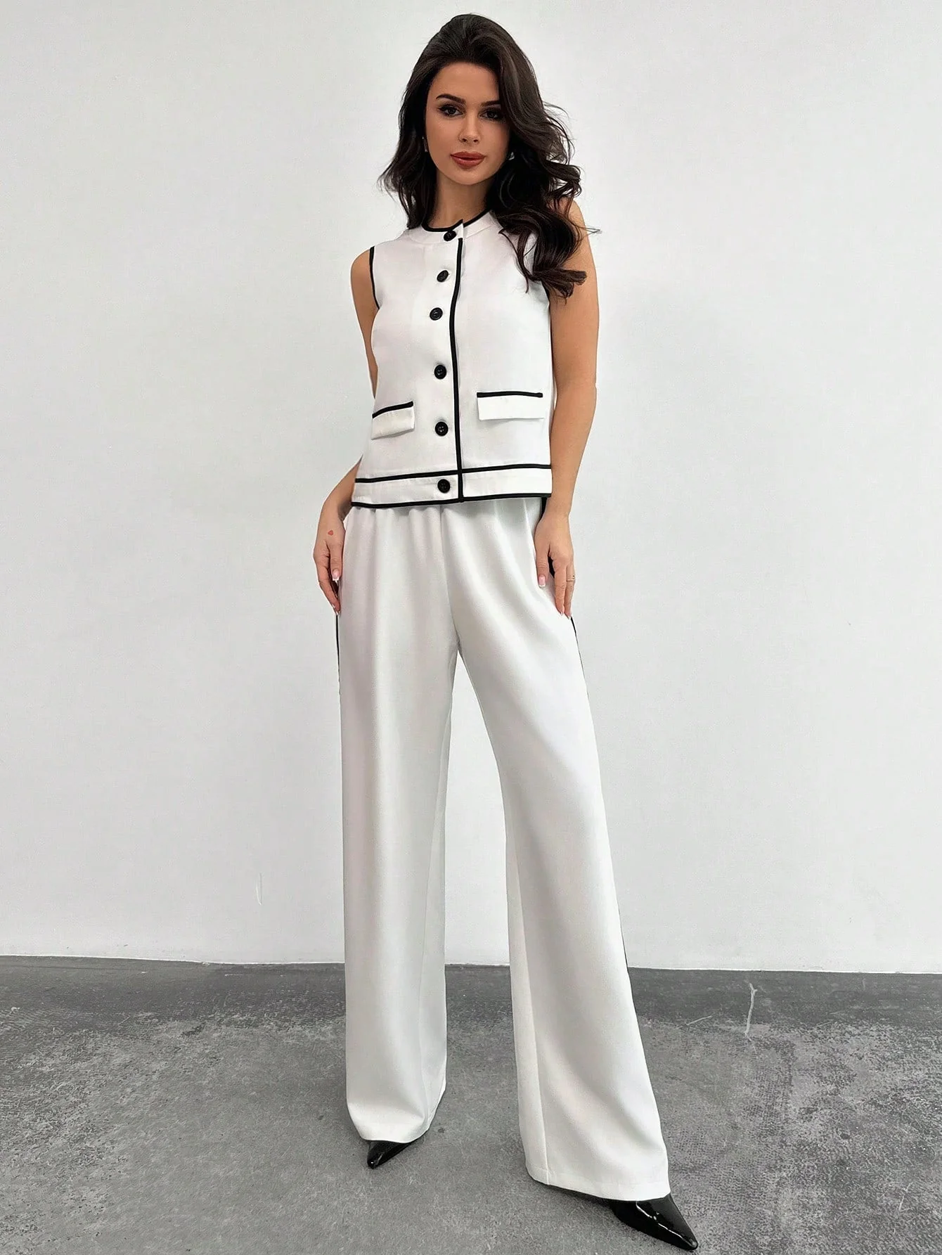 Women Elegant Simple Chic Casual Commuting Fashion Contrast Trim Button Sleeveless Top And High Waist Contrast Side Straight Leg Pants Two-Piece Set - Image 4