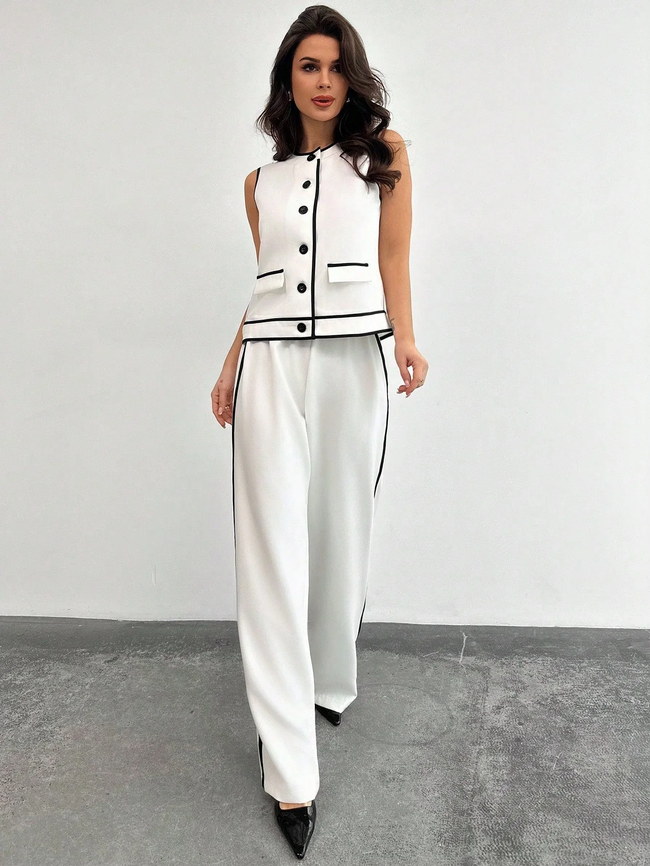 Women Elegant Simple Chic Casual Commuting Fashion Contrast Trim Button Sleeveless Top And High Waist Contrast Side Straight Leg Pants Two-Piece Set - Image 5