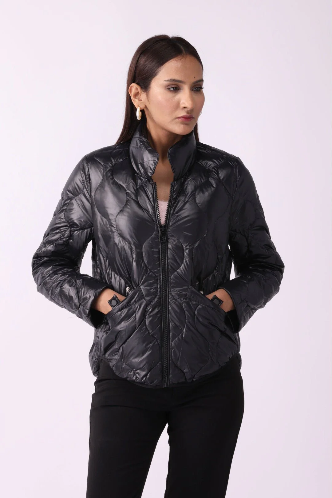 Women Padded Puffer Black Jacket FD