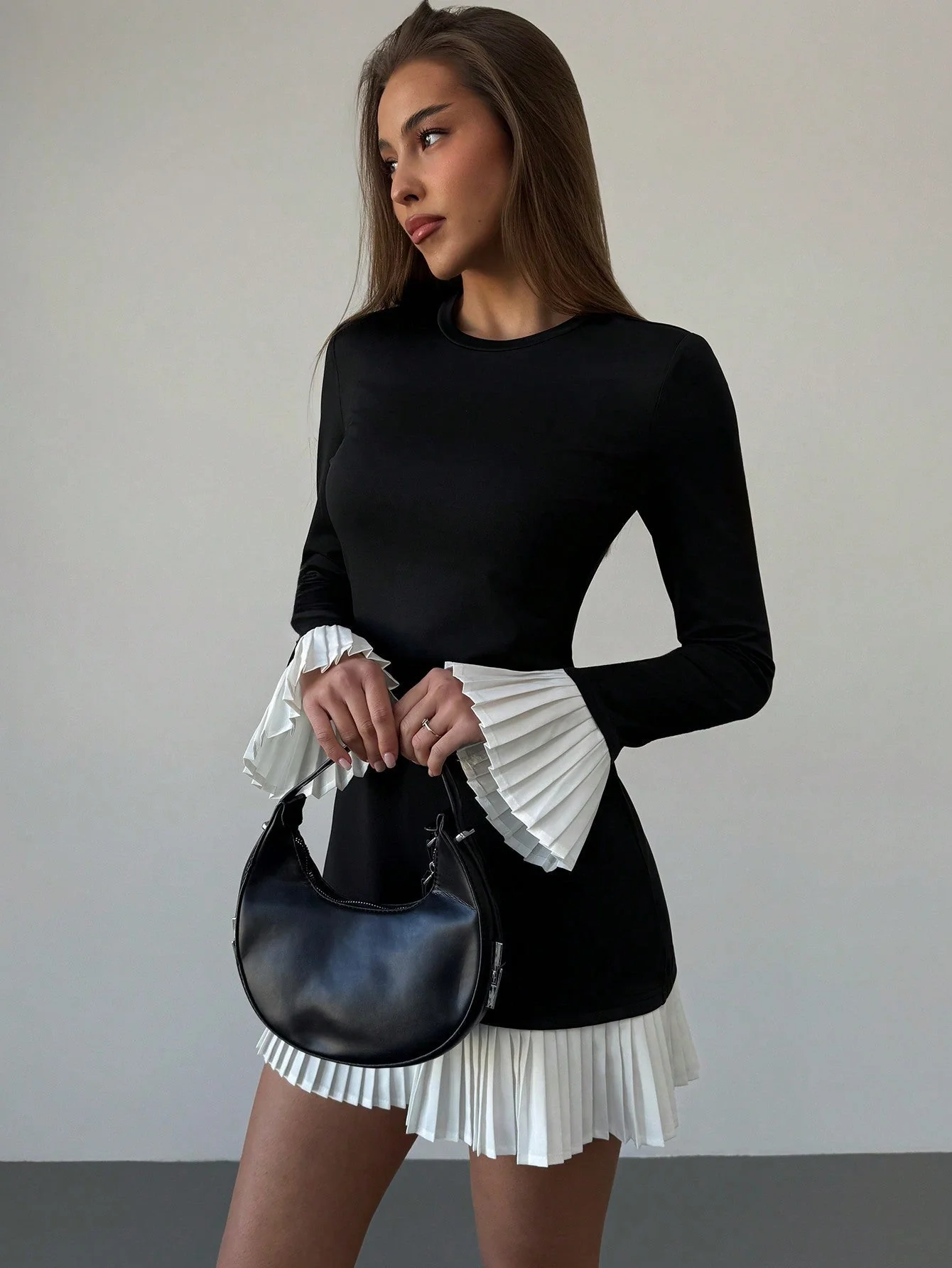 Women Round Neck Long Sleeve Solid Color Splice Casual Short Dress - Image 2