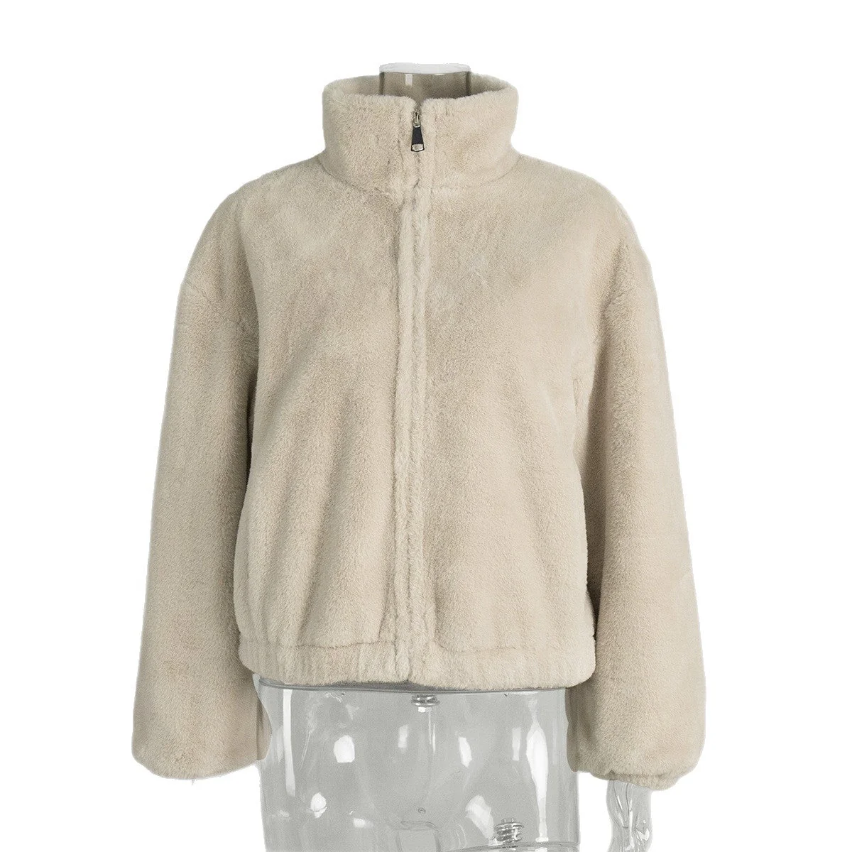 Women’s Beige Sleeveless Faux Fur Vest | Stand Collar Soft Polyester Outerwear | Casual Korean Style Zipper Jacket – Autumn 2025 Collection FD - Image 5