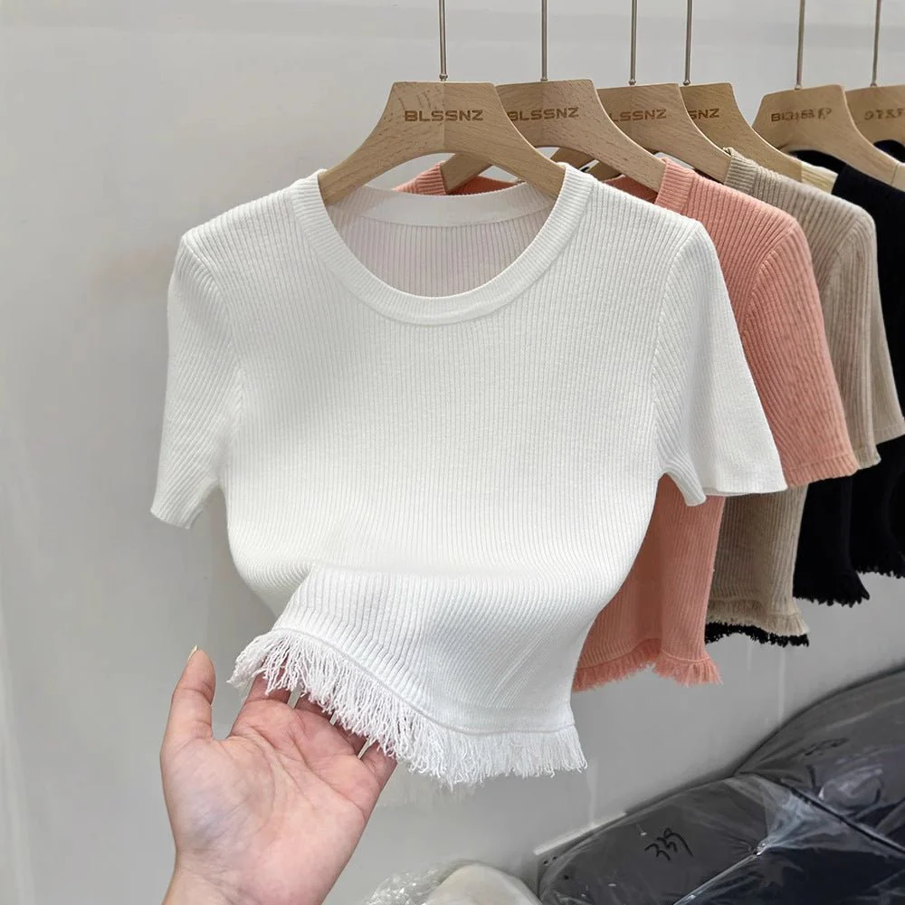 Women’s Bingshuang Silk Tassel T-Shirt – Sweet & Spicy Slim Fit Top FD - Image 3