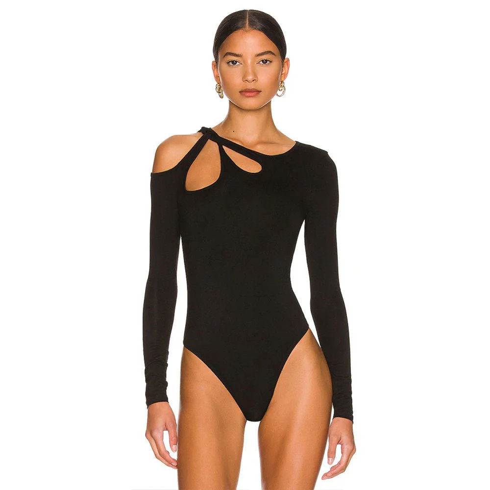 Women’s Black Irregular Bodysuit – Long Sleeve High-Waist Temperament Style (Spring 2025 Collection) - Image 3