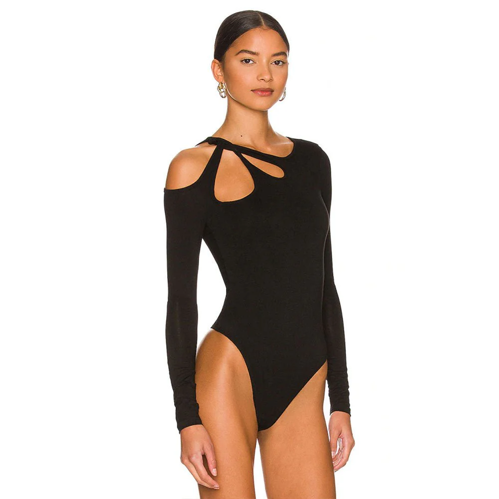 Women’s Black Irregular Bodysuit – Long Sleeve High-Waist Temperament Style (Spring 2025 Collection) - Image 4