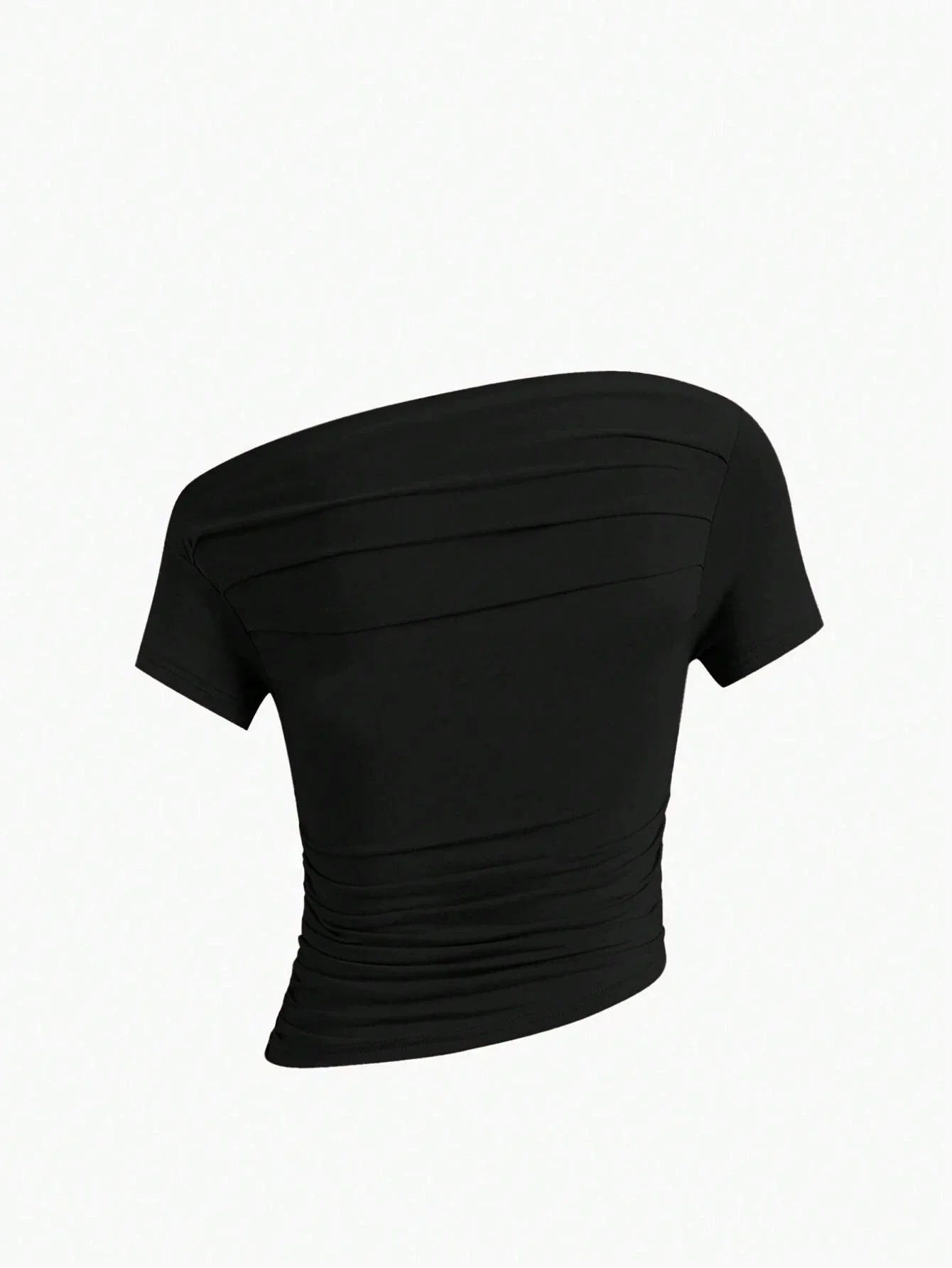 Women’s Black Slim-Fit Milk Silk Crop Top – Short Sleeve Slant Collar Ruched Tee (Sweet & Spicy Style) - Image 2