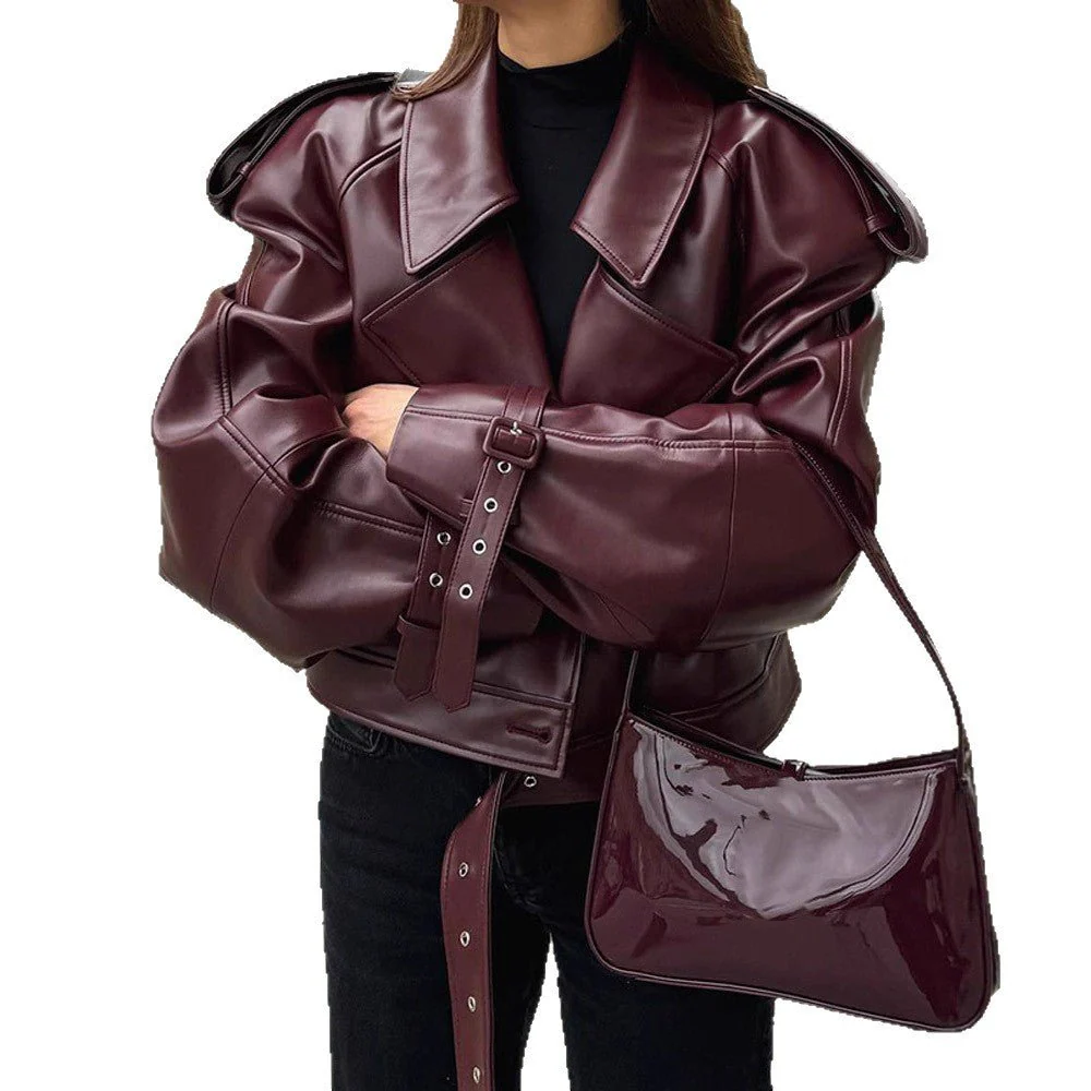 Women’s Burgundy PU Leather Jacket | Short Lapel Belted Street Motorcycle Coat - Image 5