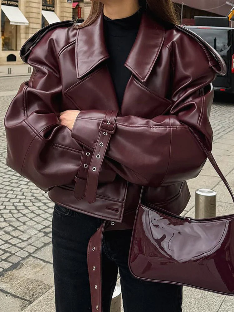 Women’s Burgundy PU Leather Jacket | Short Lapel Belted Street Motorcycle Coat - Image 6