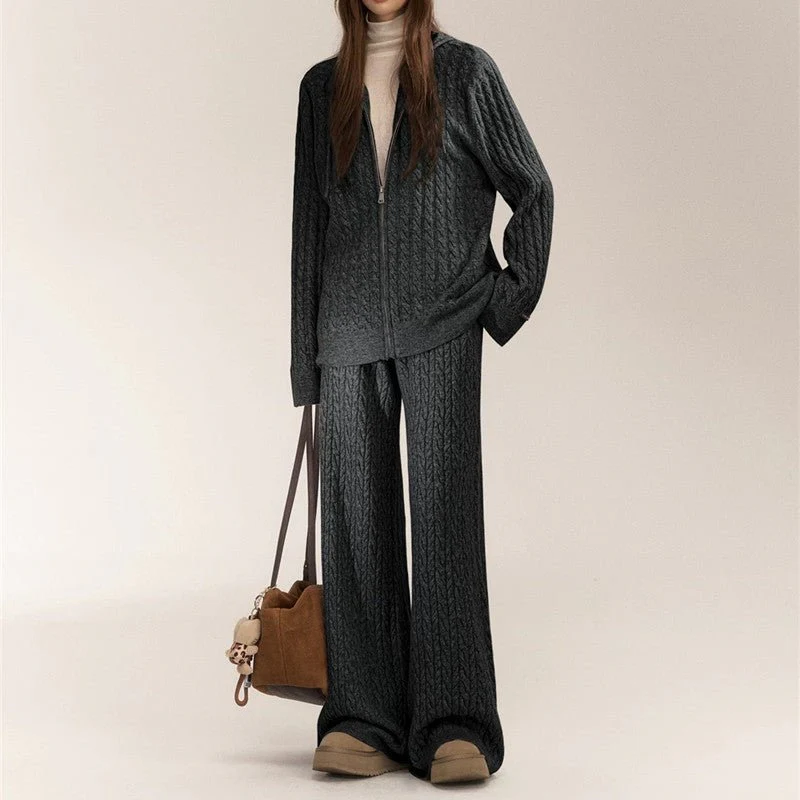 Women’s Casual Two-Piece Knit Suit – Imitation Shearling Hoodie & Long Pants Set | Korean Loose Fit Autumn Winter Outfit - Image 2
