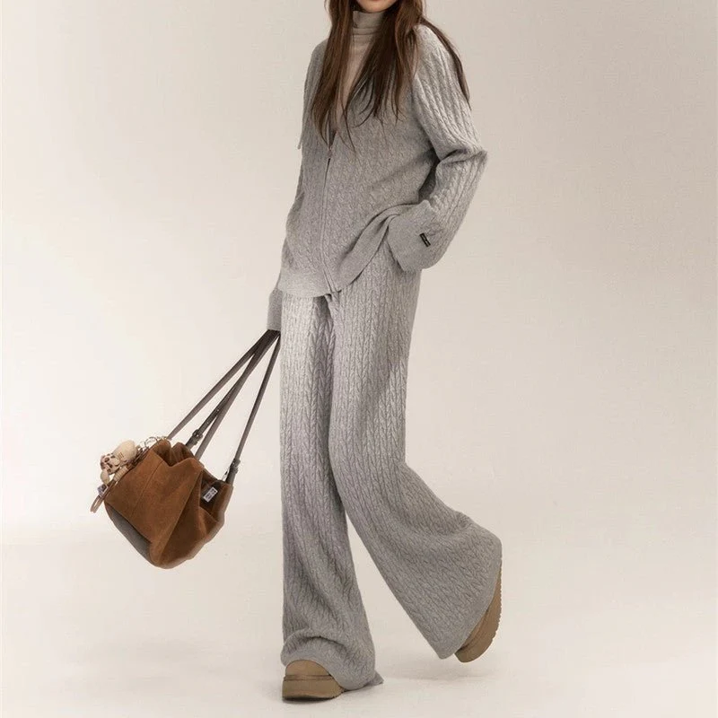 Women’s Casual Two-Piece Knit Suit – Imitation Shearling Hoodie & Long Pants Set | Korean Loose Fit Autumn Winter Outfit - Image 3