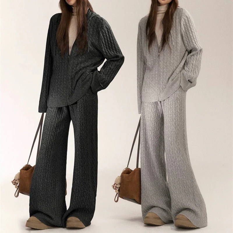 Women’s Casual Two-Piece Knit Suit – Imitation Shearling Hoodie & Long Pants Set | Korean Loose Fit Autumn Winter Outfit - Image 4