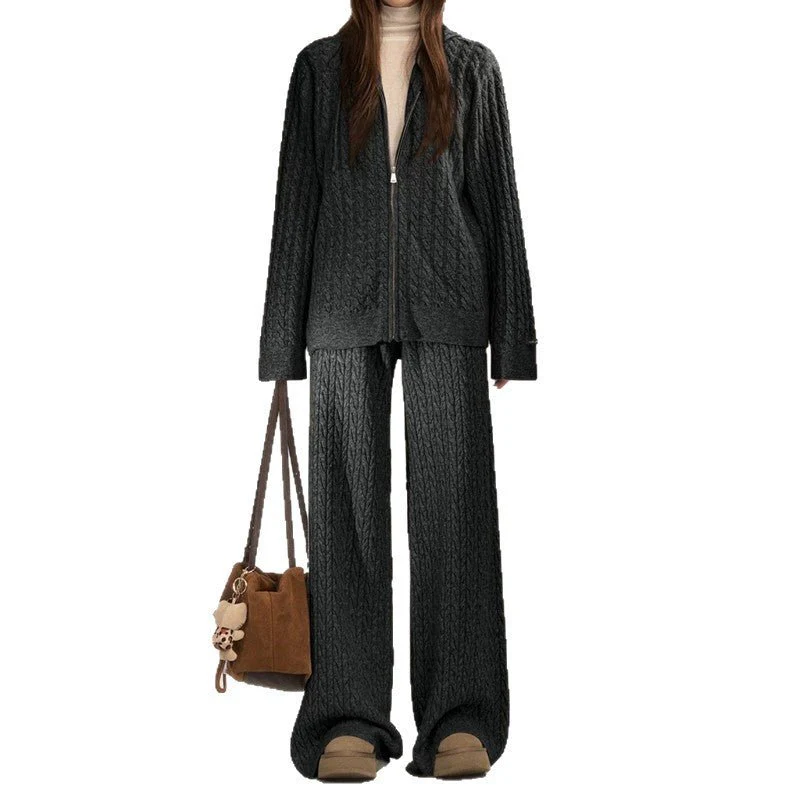 Women’s Casual Two-Piece Knit Suit – Imitation Shearling Hoodie & Long Pants Set | Korean Loose Fit Autumn Winter Outfit - Image 5