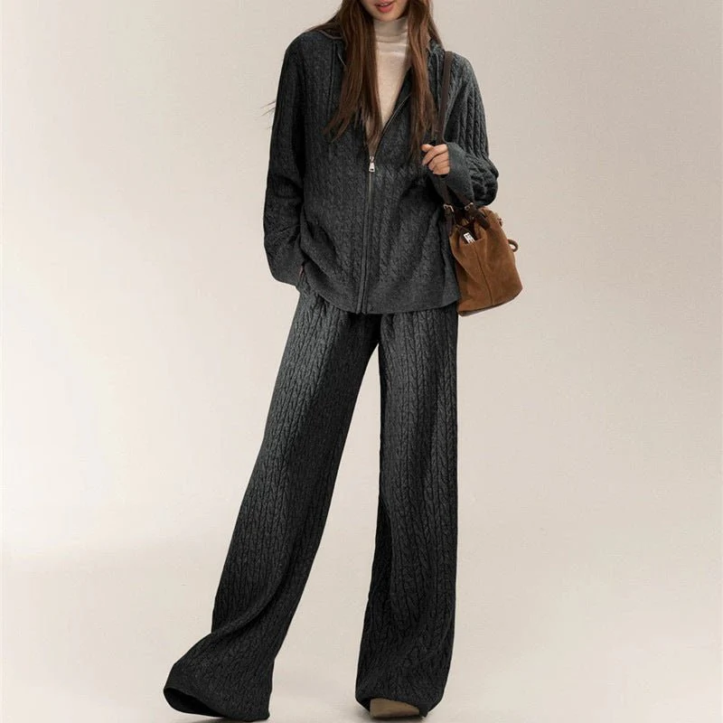 Women’s Casual Two-Piece Knit Suit – Imitation Shearling Hoodie & Long Pants Set | Korean Loose Fit Autumn Winter Outfit - Image 7