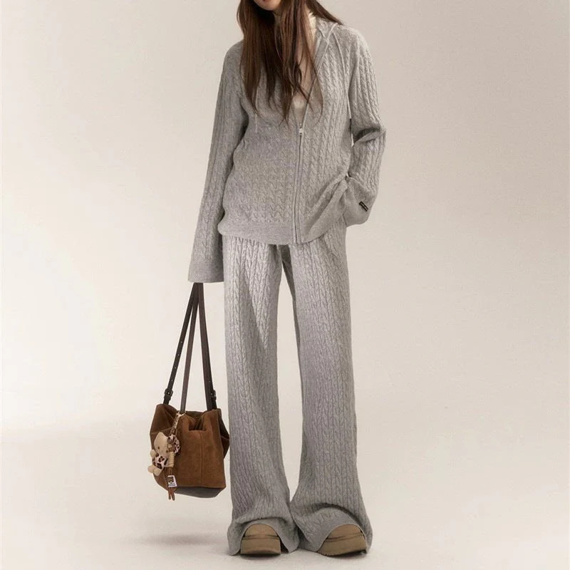 Women’s Casual Two-Piece Knit Suit – Imitation Shearling Hoodie & Long Pants Set | Korean Loose Fit Autumn Winter Outfit FD