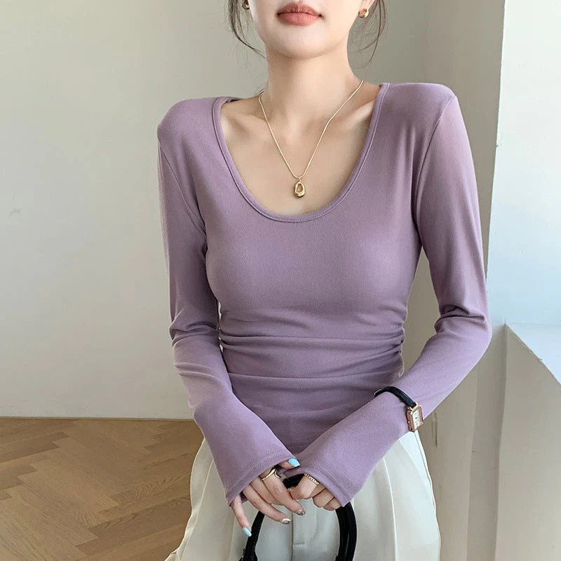 Women’s Coconut Velvet U-Neck Pleated Top – Slim Fit Polished Innerwear FD - Image 11