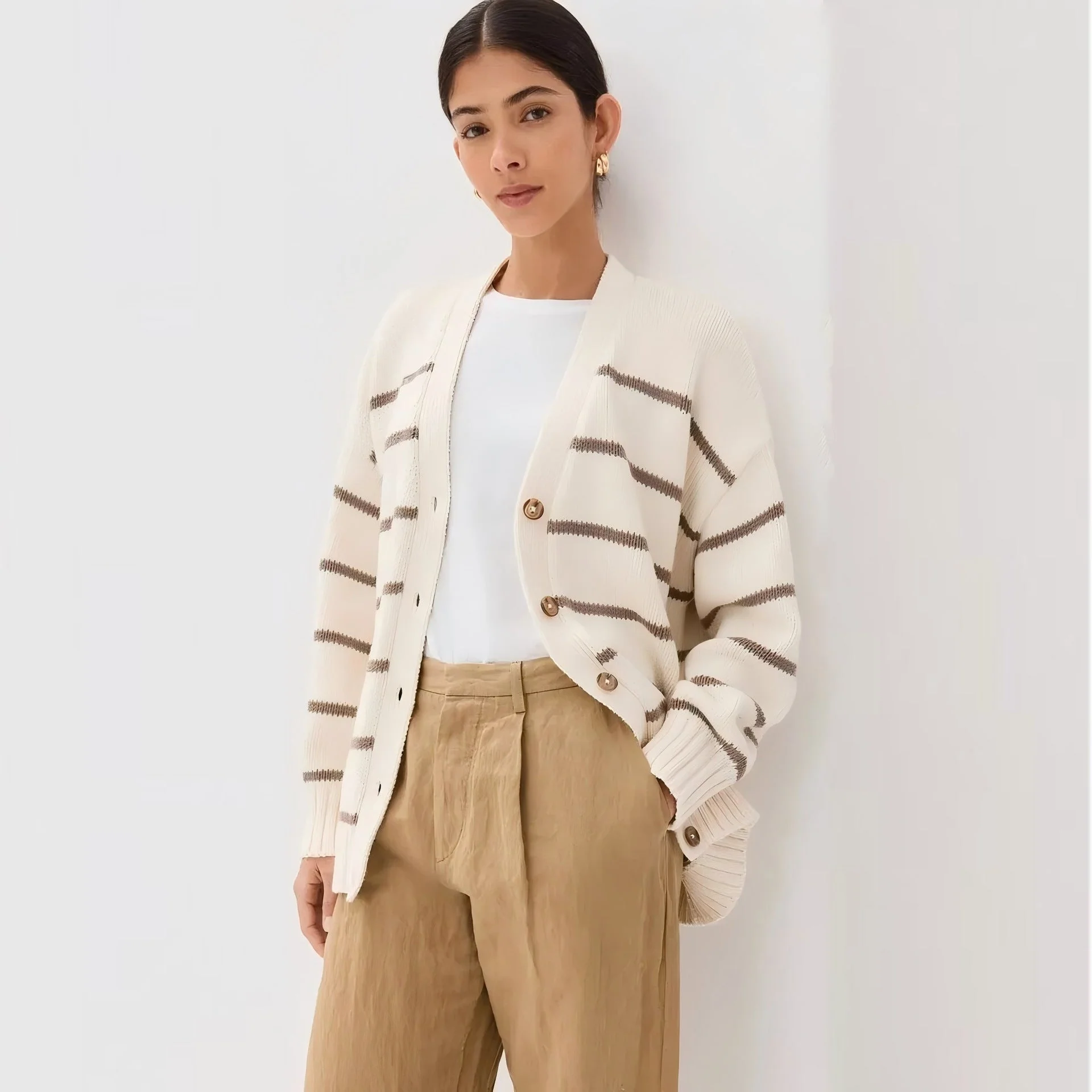 Women’s Color-Matching V-Neck Cardigan Sweater – Loose Fit Cotton Blend Multi-Button Knitwear, Summer 2025 Collection FD - Image 4