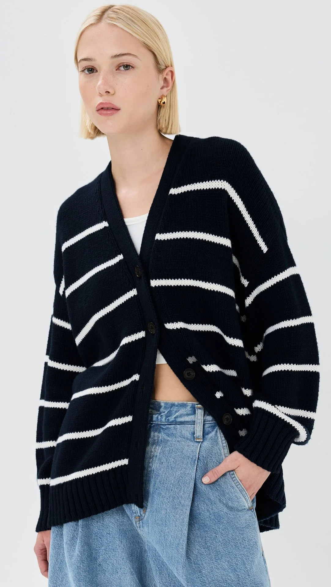 Women’s Color-Matching V-Neck Cardigan Sweater – Loose Fit Cotton Blend Multi-Button Knitwear, Summer 2025 Collection FD - Image 9