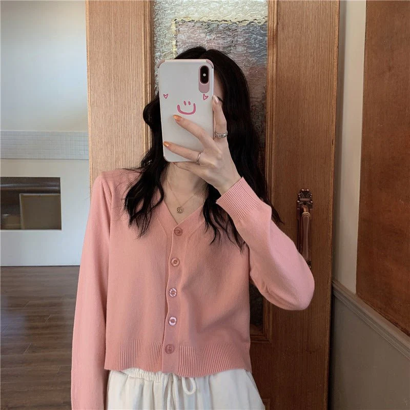 Women’s Core-Spun Yarn V-Neck Loose Cardigan | Long Sleeve Knit Sweater | Elegant Autumn 2025 Commuter StyleFD