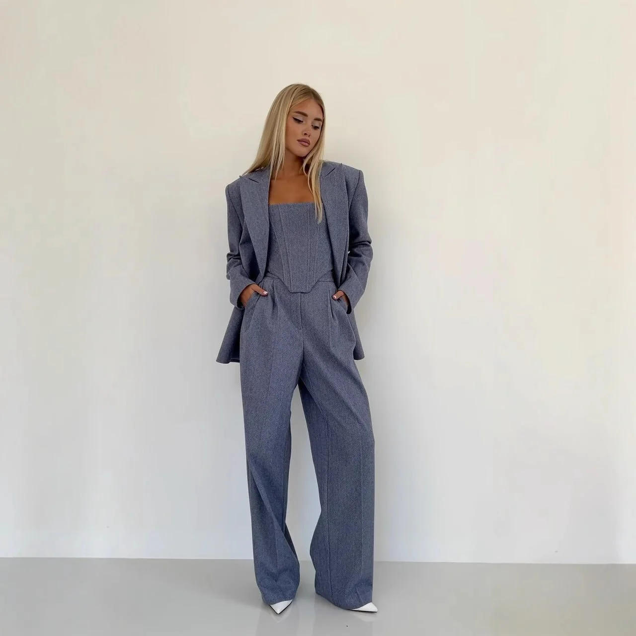 Women’s Elegant Two-Piece Pants Suit – Long Sleeve Polyester Casual Set in Grey or Pink | Temperament Commuter Style - Image 3