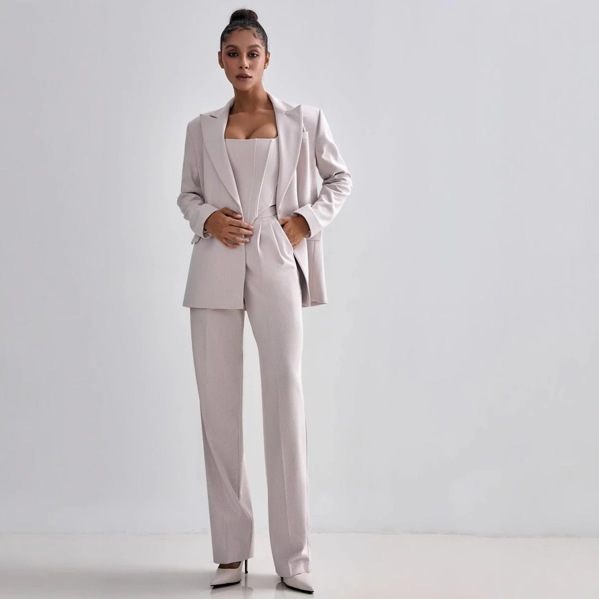 Women’s Elegant Two-Piece Pants Suit – Long Sleeve Polyester Casual Set in Grey or Pink | Temperament Commuter Style - Image 4