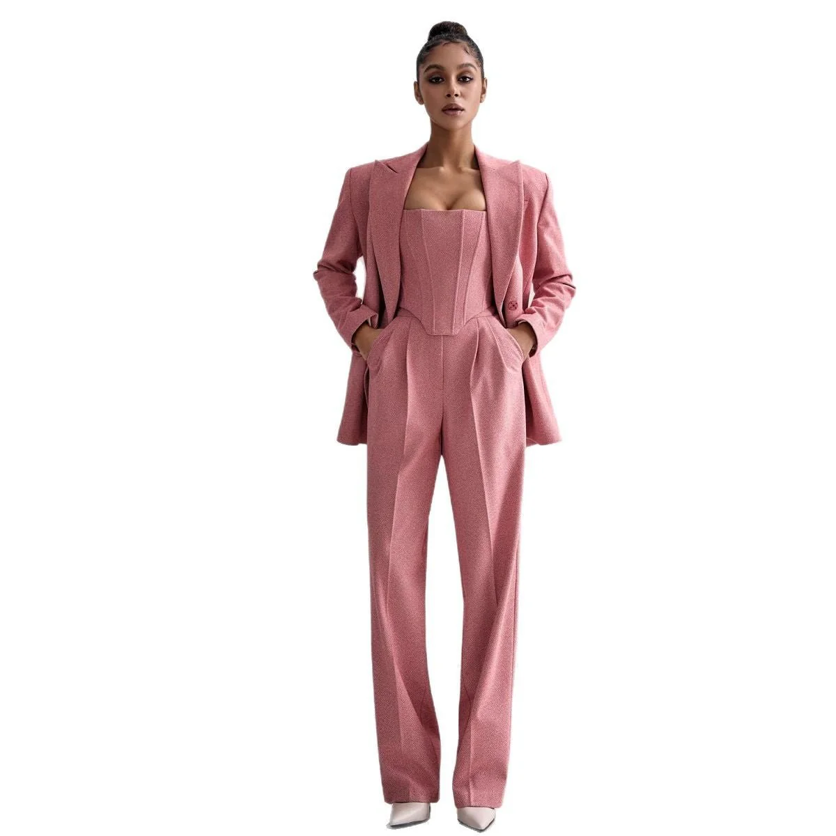 Women’s Elegant Two-Piece Pants Suit – Long Sleeve Polyester Casual Set in Grey or Pink | Temperament Commuter Style - Image 5