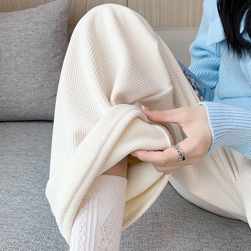Women’s Fleece Corduroy Wide-Leg Pants – High-Waist Loose Straight Drape Trousers, Warm Winter Casual Floor-Mopping Pants