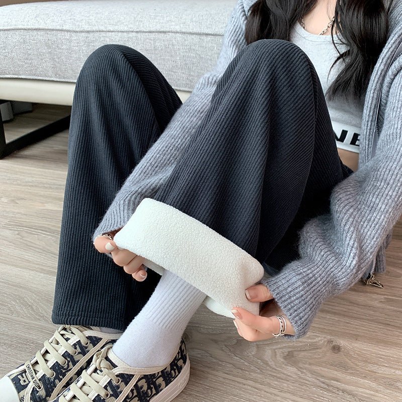 Women’s Fleece Corduroy Wide-Leg Pants – High-Waist Loose Straight Drape Trousers, Warm Winter Casual Floor-Mopping Pants - Image 3