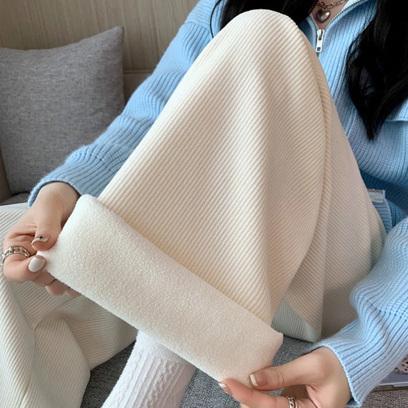 Women’s Fleece Corduroy Wide-Leg Pants – High-Waist Loose Straight Drape Trousers, Warm Winter Casual Floor-Mopping Pants - Image 4