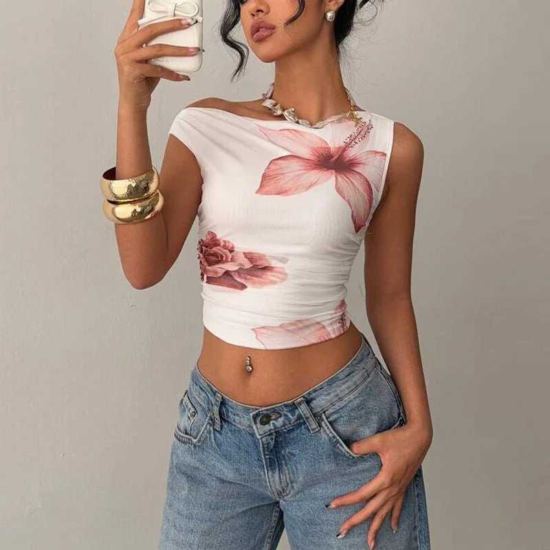 Women’s Floral One-Shoulder Milk Silk T-Shirt – Slim Fit Printed Summer Top