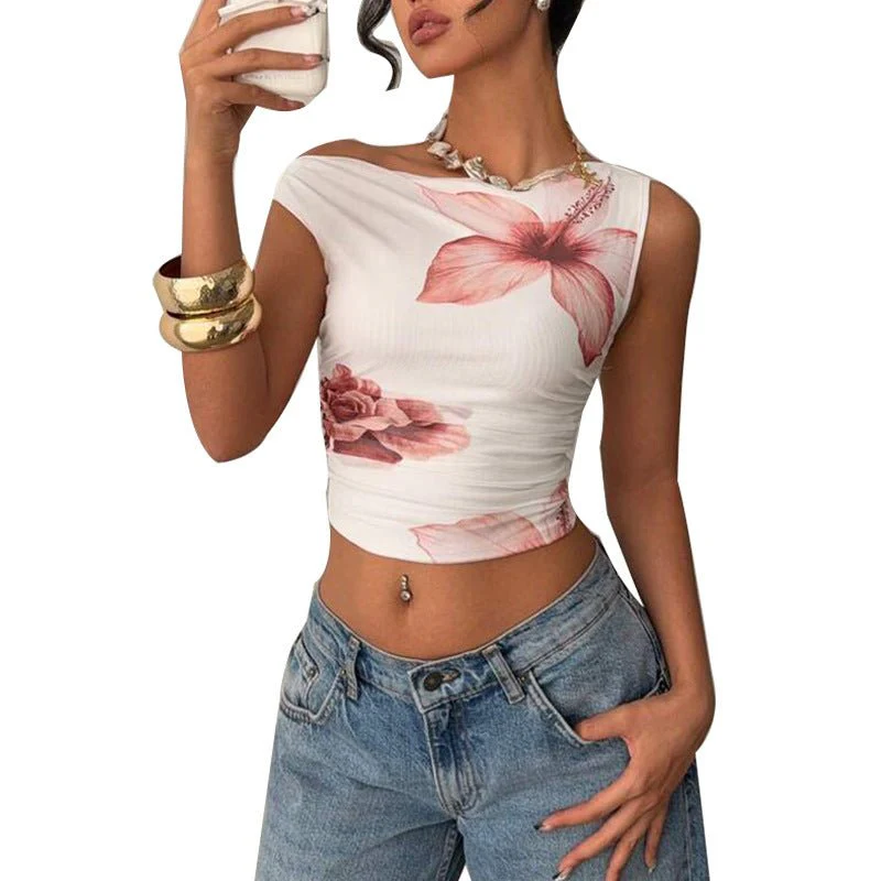 Women’s Floral One-Shoulder Milk Silk T-Shirt – Slim Fit Printed Summer Top - Image 5