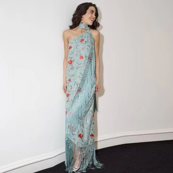 Women’s Floral Printed Irregular Dress – Sleeveless High-Waist Summer Dress with Scarf Collar & Fringe Hem | Celebrity Elegant Style - Image 2