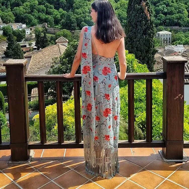 Women’s Floral Printed Irregular Dress – Sleeveless High-Waist Summer Dress with Scarf Collar & Fringe Hem | Celebrity Elegant Style - Image 3