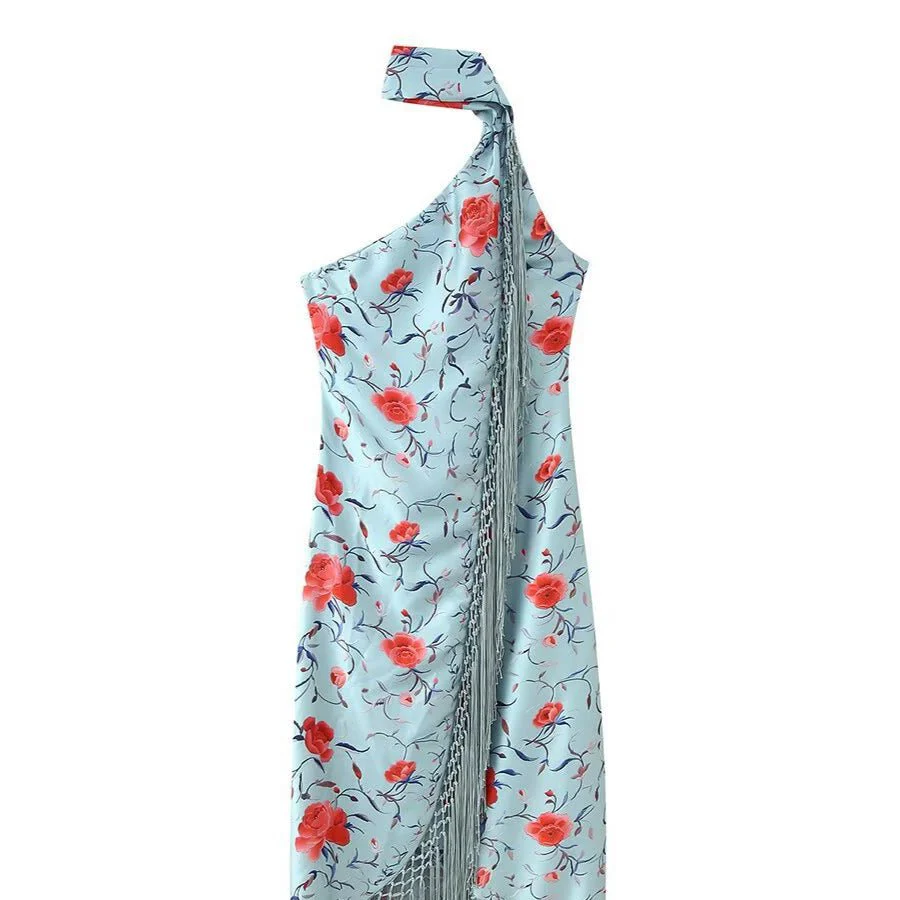 Women’s Floral Printed Irregular Dress – Sleeveless High-Waist Summer Dress with Scarf Collar & Fringe Hem | Celebrity Elegant Style - Image 4